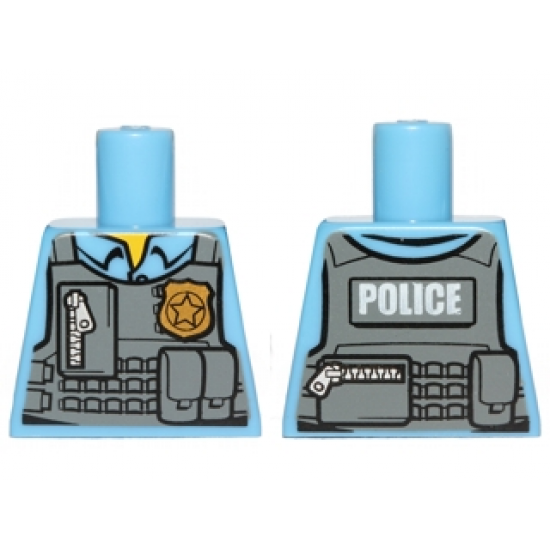 Torso Police Shirt with Dark Bluish Gray Vest, Gold Badge, Zipper and White 'POLICE' Pattern on Back