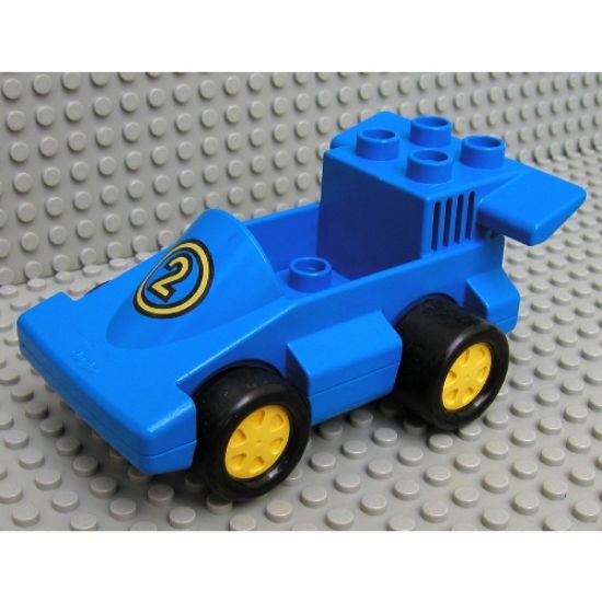 Duplo, Vehicle Car Formula One with Blue Bottom and Yellow Number 2 Pattern, 1 Stud in Cab