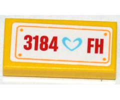 Tile 1 x 2 with Medium Azure Heart and '3184 FH' Pattern (Sticker) - Set 3184