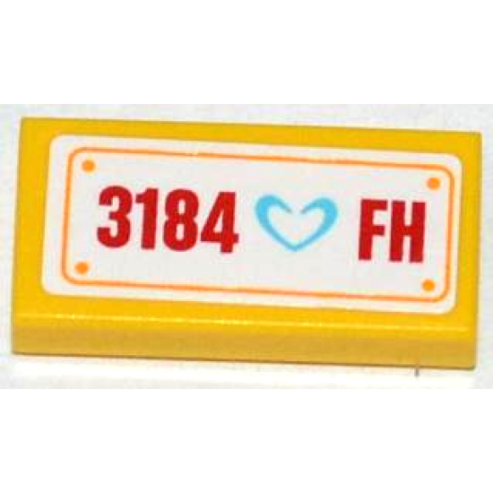 Tile 1 x 2 with Medium Azure Heart and '3184 FH' Pattern (Sticker) - Set 3184