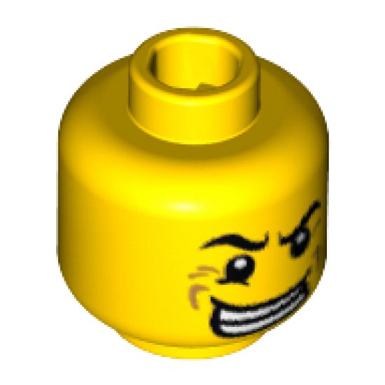 Minifigure, Head Male Black Angry Eyebrows, Evil Grin with Teeth, Wrinkles Pattern - Blocked Open Stud