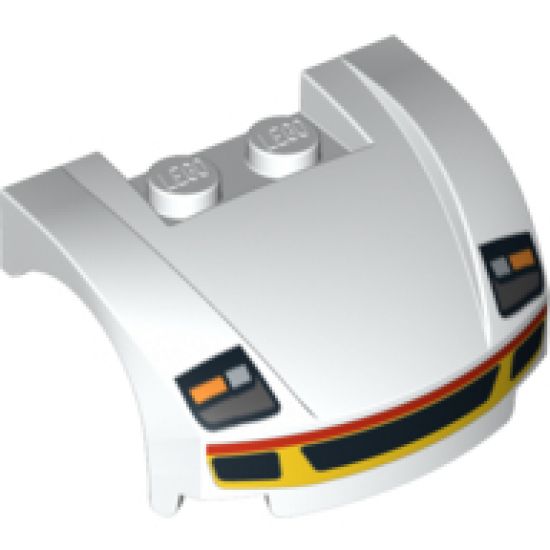 Vehicle, Mudguard 3 x 4 x 1 2/3 Curved Front with Headlights and Grille with Red and Yellow Trim Pattern