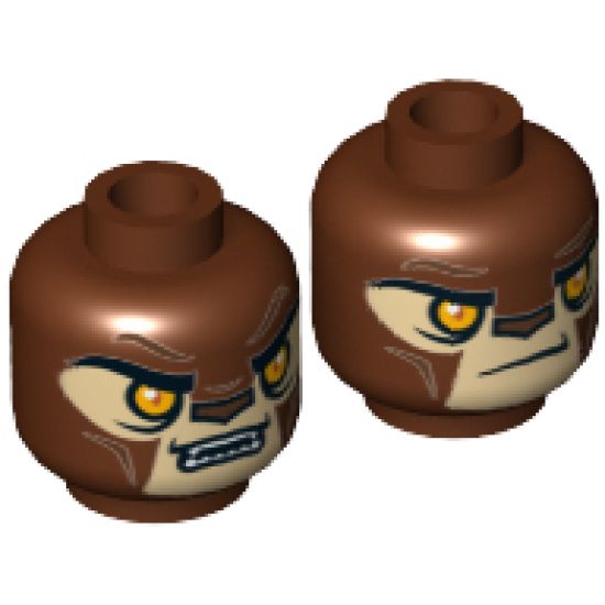 Minifigure, Head Dual Sided Alien Chima Lion with Orange Eyes, Tan Face and Brown Nose, Closed Mouth / Open Mouth Pattern (Lavertus) - Hollow Stud