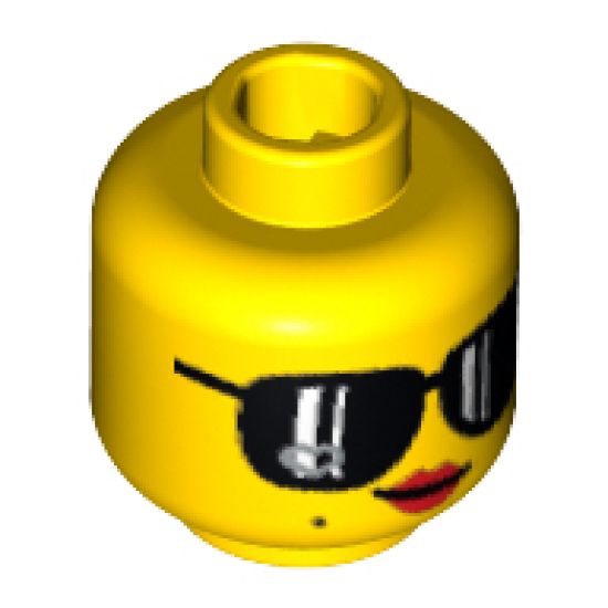 Minifigure, Head Female with Black Sunglasses, Red Lips and Smirk Pattern - Blocked Open Stud