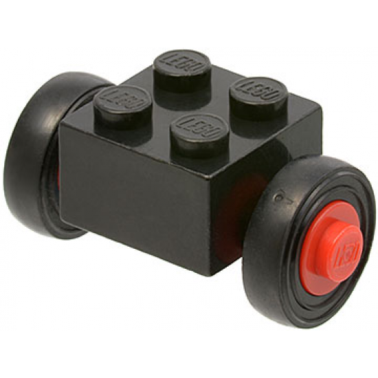 Wheel & Tire Assembly Brick, Modified 2 x 2 with Wheels Red for Single Tire, with Black Tires 14mm D. x 4mm Smooth Small Single (3137c01 / 3139)
