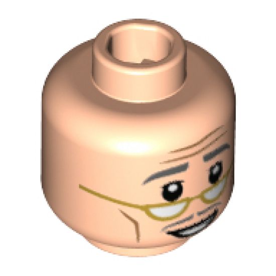 Minifigure, Head Forehead Lines, Dark Bluish Gray Eyebrows and Moustache, Gold Lowered Eyeglasses, Smiling Pattern - Hollow Stud