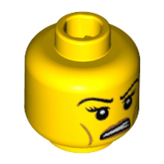 Minifigure, Head Female with Black Eyelashes, Angry Eyebrows, Cheek Lines, White Pupils and White Teeth Pattern - Blocked Open Stud