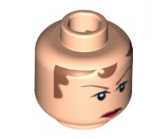 Minifigure, Head Female with Brown Hair, Brown Eyebrows, Frowning Red Lips Pattern - Blocked Open Stud