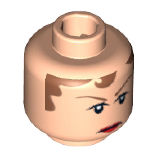 Minifigure, Head Female with Brown Hair, Brown Eyebrows, Frowning Red Lips Pattern - Blocked Open Stud