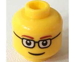 Minifigure, Head Glasses Rectangular, Red Thin Eyebrows, Smile Pattern - Hollow Stud