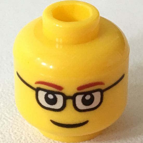 Minifigure, Head Glasses Rectangular, Red Thin Eyebrows, Smile Pattern - Hollow Stud