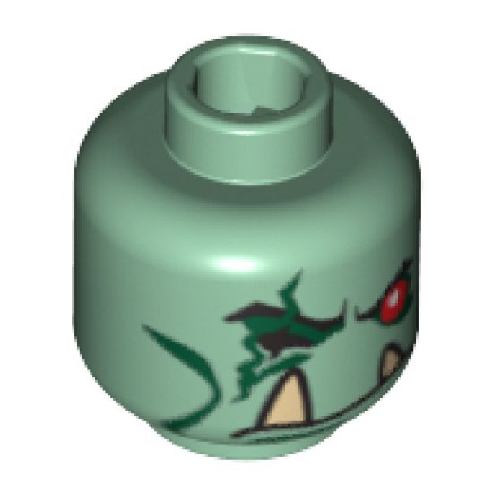 Minifigure, Head Alien with Red Eye, Scar Across Other Eye and Lower Fangs Pattern - Blocked Open Stud