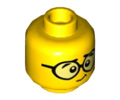 Minifigure, Head Dual Sided Large Black Round Glasses, Black Eyebrows / Sad Face with No Glasses Pattern - Hollow Stud