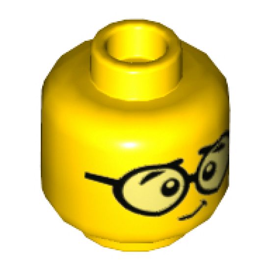 Minifigure, Head Dual Sided Large Black Round Glasses, Black Eyebrows / Sad Face with No Glasses Pattern - Hollow Stud