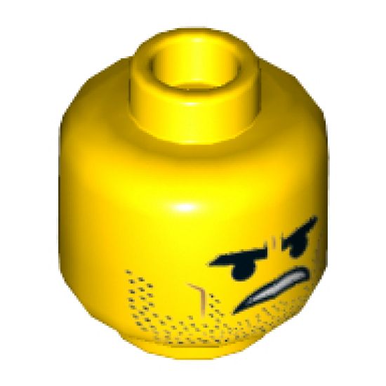 Minifigure, Head Dual Sided Black Eyebrows, Stubble, Open Smile, Tongue / Angry Pattern (Rex Dangervest) - Hollow Stud