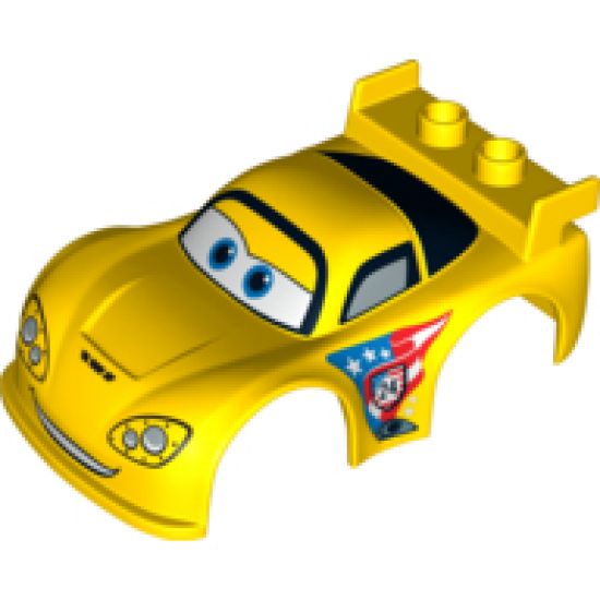 Duplo, Vehicle Car Body 2 Studs on Spoiler with Cars Jeff Gorvette Pattern