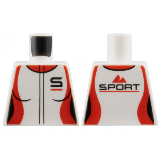 Torso Female Jumpsuit, Red Collar and Side Panels, 'S' on Front Pocket, Red Mountains and Black 'Sport' on Back Pattern