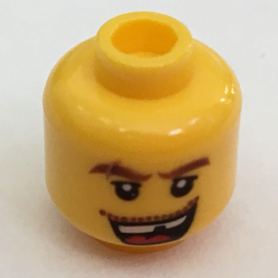 Minifigure, Head Male Thick Brown Eyebrows with Scar, Open Mouth with Missing Tooth, White Pupils Pattern - Hollow Stud