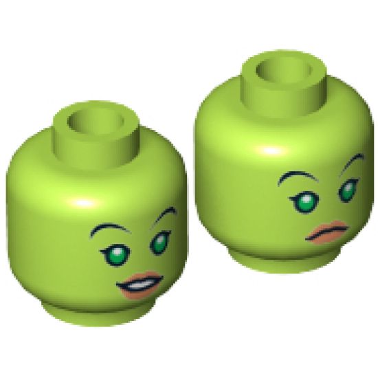 Minifigure, Head Dual Sided Alien Female with Bright Green Eyes, Nougat Lips, Smile / Frown Pattern (SW Hera Syndulla) - Hollow Stud