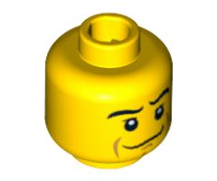 Minifigure, Head Male Crooked Smile, Black Eyebrows, White Pupils, Chin Dimple Pattern - Hollow Stud