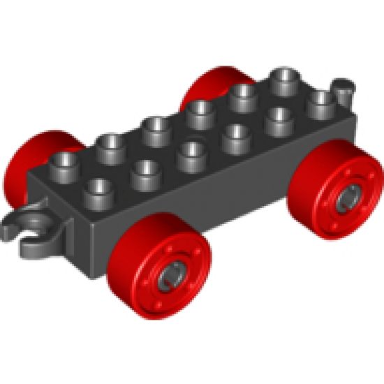 Duplo, Vehicle Car Base 2 x 6 with Red Wheels with Fake Bolts and Open Hitch End