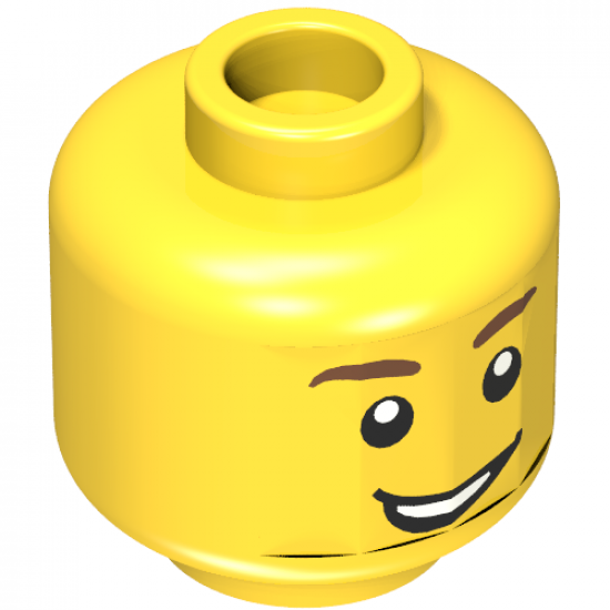 Minifigure, Head Male Brown Eyebrows, Open Lopsided Grin, White Pupils Pattern - Hollow Stud