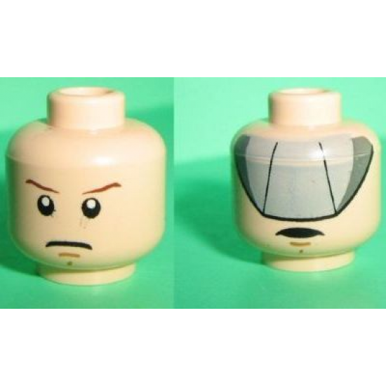 Minifigure, Head Dual Sided Male Stern Brown Eyebrows and Pupils / Gray Visor Pattern - Blocked Open Stud