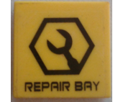 Tile 2 x 2 with Black Wrench in Hexagon and 'REPAIR BAY' Pattern (Sticker) - Set 7709