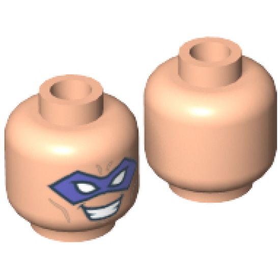 Minifigure, Head Male Purple Eye Mask with Eye Holes, Forehead Lines and Open Mouth Smile with Teeth Pattern (The Riddler) - Hollow Stud