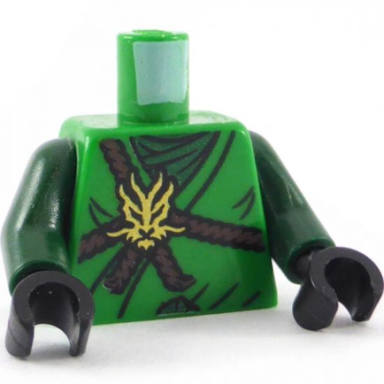 Torso Ninjago Brown Rope, Gold Medallion and Dark Green Undershirt Front, Scabbards on Back Pattern / Dark Green Arms / Black Hands