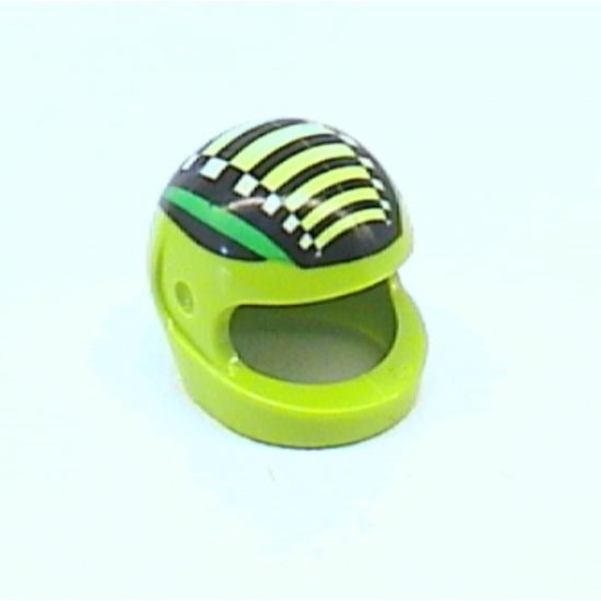 Minifigure, Headgear Helmet Motorcycle (Standard) with Green Stripes, Black Bars, and White Checkered Stripe Pattern