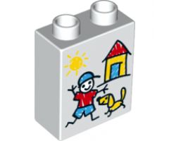 Duplo, Brick 1 x 2 x 2 with Sun, House, Boy and Dog Pattern
