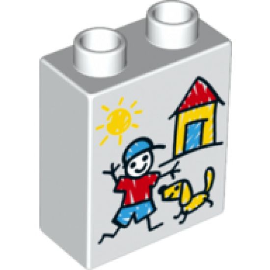 Duplo, Brick 1 x 2 x 2 with Sun, House, Boy and Dog Pattern
