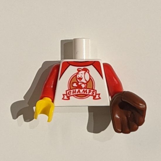 Torso T-Shirt with Red Trim and 'CHAMPS' Logo Pattern (BAM) / Red Arms / Yellow Hand Right / Reddish Brown Baseball Glove Left
