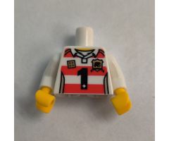 Torso Horizontal Red Stripes with Black Number 1 and Golden Brick and Shield Pattern / White Arms / Yellow Hands