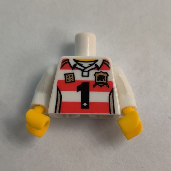 Torso Horizontal Red Stripes with Black Number 1 and Golden Brick and Shield Pattern / White Arms / Yellow Hands