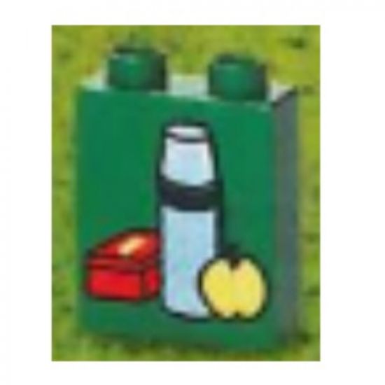 Duplo, Brick 1 x 2 x 2 with Lunch Box, Thermos and Apple Pattern
