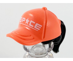 Minifigure, Hair Combo, Hair with Hat, Ponytail with Coral Ball Cap and White 'SP*CE' Pattern