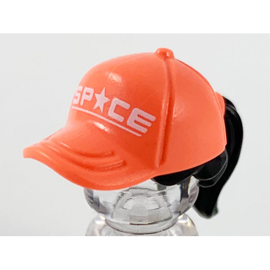 Minifigure, Hair Combo, Hair with Hat, Ponytail with Coral Ball Cap and White 'SP*CE' Pattern