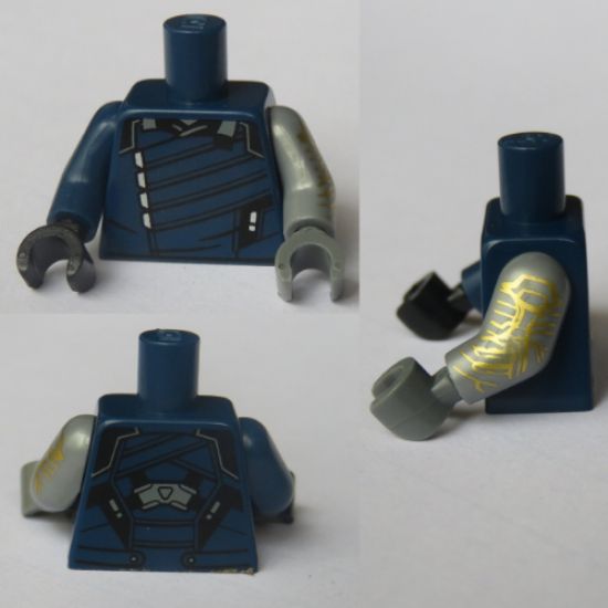 Torso Jacket with Silver Trim Pattern / Flat Silver Arm Left with Gold Circuitry Pattern / Dark Blue Arm Right / Dark Bluish Gray Hand / Black Hand