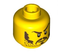 Minifigure, Head Moustache Brown Long, Sideburns, Stubble, Thick Eyebrows, White Pupils Pattern - Hollow Stud