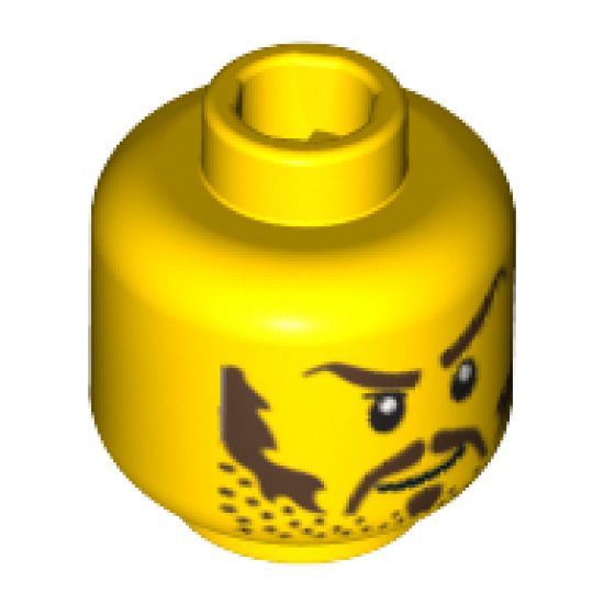Minifigure, Head Moustache Brown Long, Sideburns, Stubble, Thick Eyebrows, White Pupils Pattern - Hollow Stud