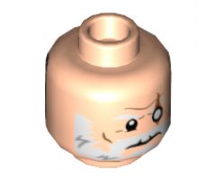 Minifigure, Head Dual Sided, White Eyebrows and Beard, White Left Eye with Slash Scar / Silver Mask with Yellow and Orange Visor Pattern - Hollow Stud