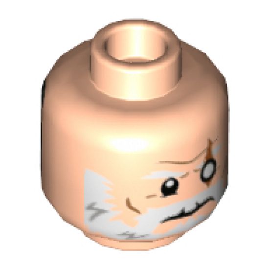 Minifigure, Head Dual Sided, White Eyebrows and Beard, White Left Eye with Slash Scar / Silver Mask with Yellow and Orange Visor Pattern - Hollow Stud