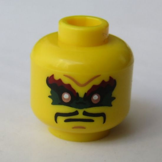 Minifigure, Head Dark Red Eyebrows, Dark Green Eye Paint, Black Moustache Pattern - Hollow Stud