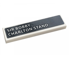 Tile 1 x 4 with White 'SIR BOBBY CHARLTON STAND' on Dark Bluish Gray Background Pattern (Sticker) - Set 10272
