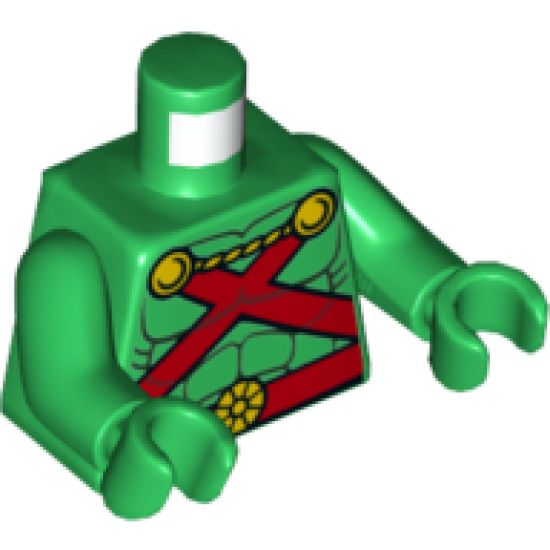 Torso Muscles Outline with Red Straps and Belt, Yellow Clasps and Cord Pattern / Green Arms / Green Hands