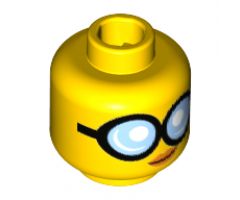 Minifigure, Head Female Glasses Round with Bright Light Blue Lenses and Black Frames, Orange Lips with Slight Crooked Smile Pattern - Hollow Stud