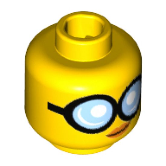 Minifigure, Head Female Glasses Round with Bright Light Blue Lenses and Black Frames, Orange Lips with Slight Crooked Smile Pattern - Hollow Stud