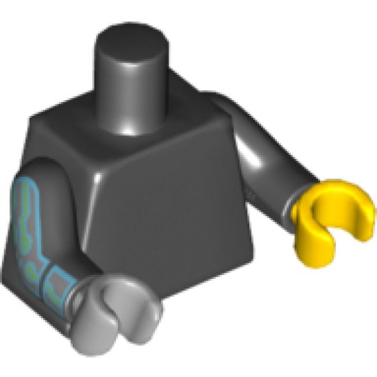 Torso Plain / Black Arm Left / Black Arm Right with Silver Mechanical Pattern / Yellow Hand Left / Light Bluish Gray Hand Right